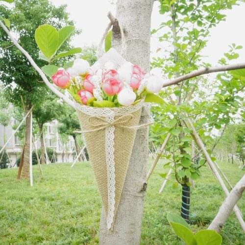 12pcs/lot burlap jute Hessian Pew Cone Flower Holder Organizer Rustic Country Wedding Decoration vintage green party supplies