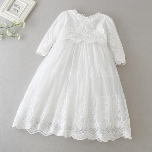2019 Newborn Baby Girls Baptism White Princess Dress Kids Infant Baby Girl Birthday Costumes Cute Lace Wedding Clothes with hats