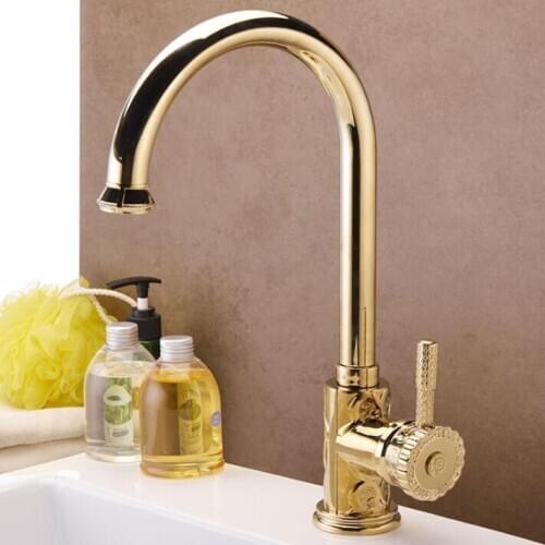 Free Shipping Golden Brass Kitchen Faucets Swivel Kitchen Tap Faucets Single Hand Hot Cold Wash Basin Mixer Water Tap