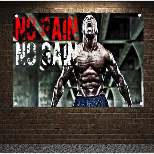 NO PAIN NO GAIN Motivational Workout Poster Bodybuilding Fitness Banners Flags Wall Art Gym Decor Canvas Hanging Pictures Mural