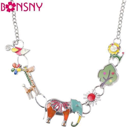 Bonsny Enamel Jewelry Alloy Elephant Necklace Chain Giraffe lion Pendant 2016 New Fashion Jewelry For Women Statement