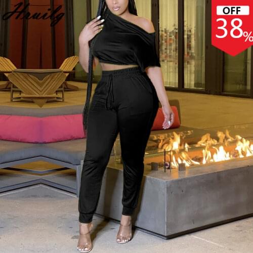 Trouser Suits Solid Off Shoulder Tops Long Pants Knit Casual Plus Size Women Clothing Drawstring Waist Fashion Female Set 2 Pcs