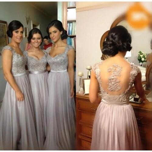 Cheap long chiffon bridesmaid dresses 2015 Sexy backless sweetheart cap sleeves special back gown custom made A-line beading