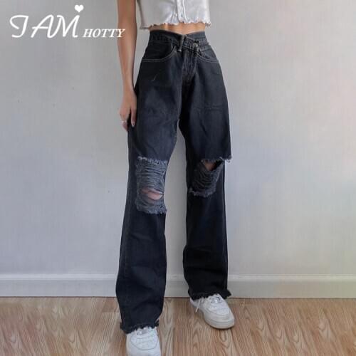 Black Ripped Straight Baggy Mom Jeans Women Boyfriend High Waist Wide Leg Korean Punk Vintage Distressed Denim Pants Iamhotty