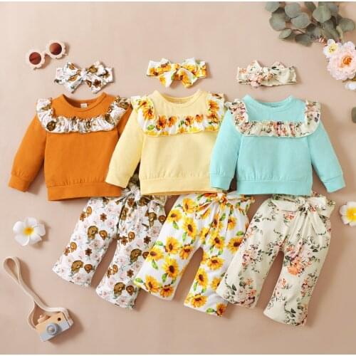 FOCUSNORM 0-4Y Autumn Baby Girls Cute Clothes Sets 3pcs Sunflowers Printed Ruffles Long Sleeve Sweatshirt Tops Pants Headband