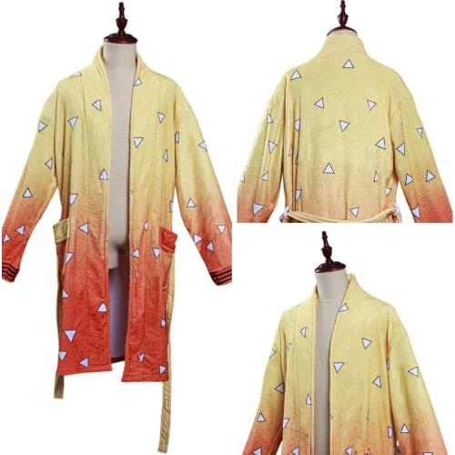 Anime Demon Slayer Agatsuma Zenitsu Cosplay Bathrobe Cloak Cape Adult Long Robe Pajamas Swimwear Costume