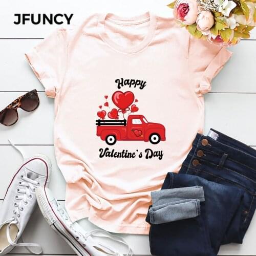 JFUNCY Plus Size Cotton T-Shirt Valentines Day Print Woman T Shirt Casual Women Tshirt Female Short Sleeve Tees Mujer Tops