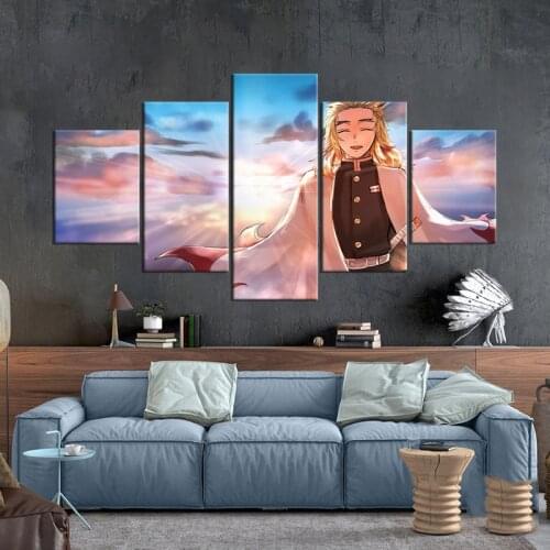 5 Pcs Anime Kimetsu No Yaiba Rengoku kyojuro Paintings Wall Art Home Decor Canvas Prints Pictures Posters Decoration Accessories