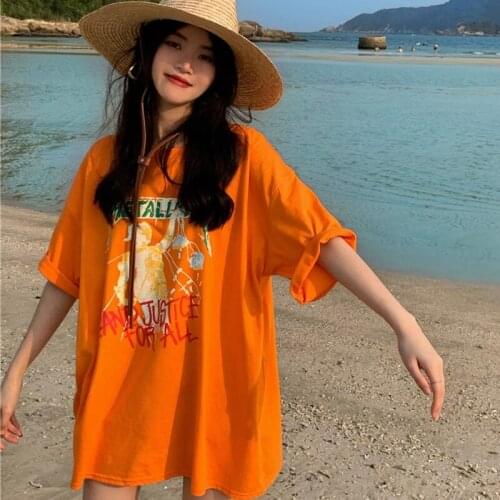 Summer 2021 Bottoms Disappear Cartoon Printed Compassionate Womens Summer Loose Mid-Length Blouse Orange Short-Sleeved Dress