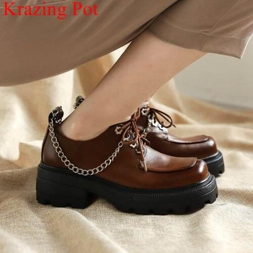 Krazing Pot genuine leather square toe chain high heels lace up summer casual shoes classics loafers concise women pumps l9f3