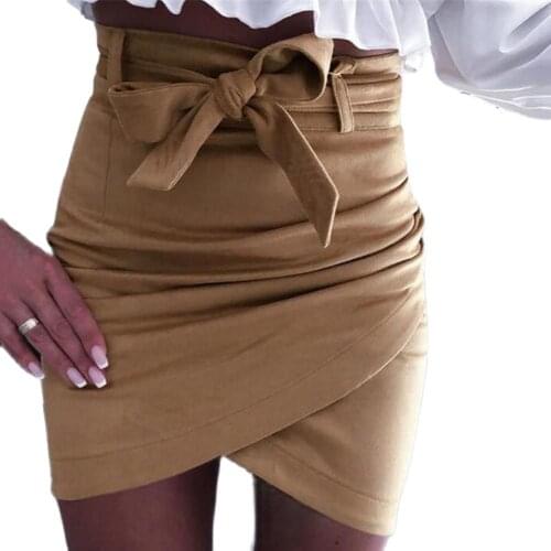 Women Mini Skirts Solid Color Slim High Waist Bandage Belt Asymmetric Bodycon Leather Zipper Skirt New Fashion Pencil Wear 2021