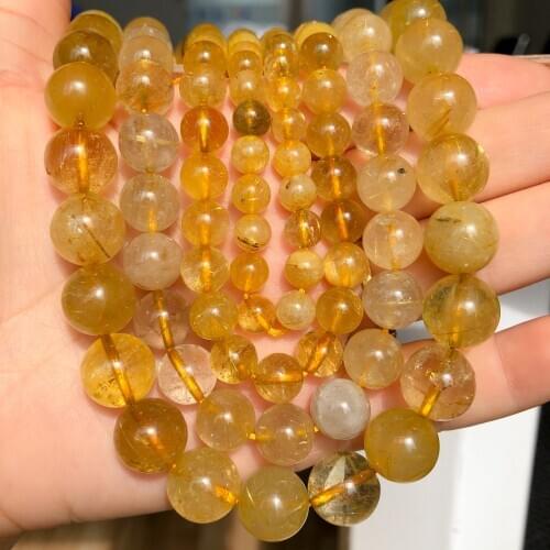 Natural Stone Yellow Rutilated Quartz Beads Diy Bracelet Round Loose Spacer Beads For Jewelry Making Diy Woman Necklace Earring