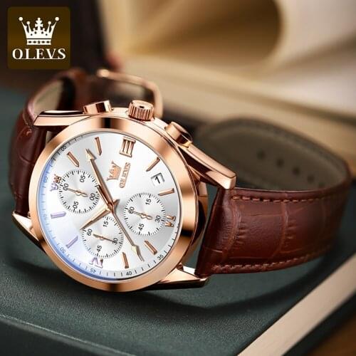 OLEVS Original Mens Fashion Brown Leather Watch Brand Luxury Waterproof Top Quartz Clock Sports Watch Relogio Masculino 2872
