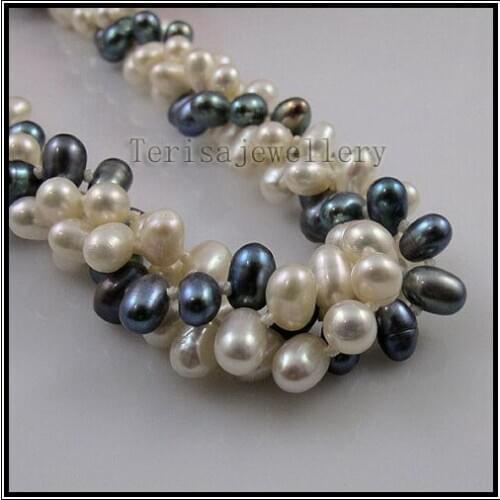 Baroque Pearl Necklace 3 Rows 5X8MM White And Gray Color Real Freshwater Pearl Jewelry Choker Necklace Charming Woman Gift