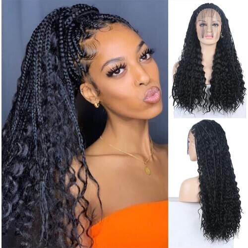 AIMEYA Long Curly Braided Lace Front Wigs for Black Women Box Micro Synthetic Lace Wig High Temperature Hair Black Braids