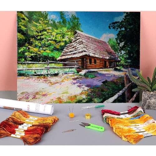 Landscape Skansen. Summer Printed Fabric 11CT Cross Stitch DIY Embroidery Set DMC Threads Sewing Hobby Handiwork