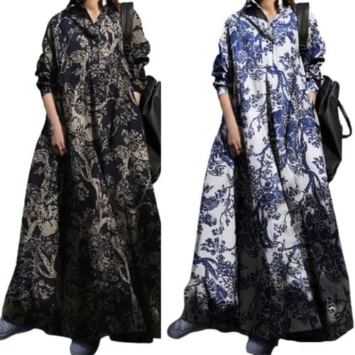 Retro Dress Long Sleeve Turn-down Collar Large Hem Floral Floor-length Lady Dress for Dating