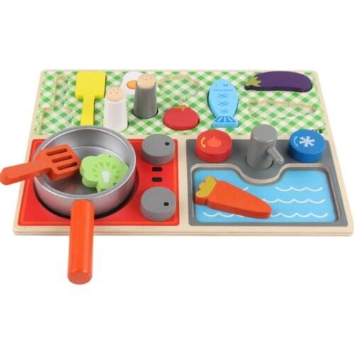 Realistic Wooden Kitchen Toy Gift for Kids Dollhouse Pretend Play Set with Vegetable Pan Cooking Toy Matching Game Toy