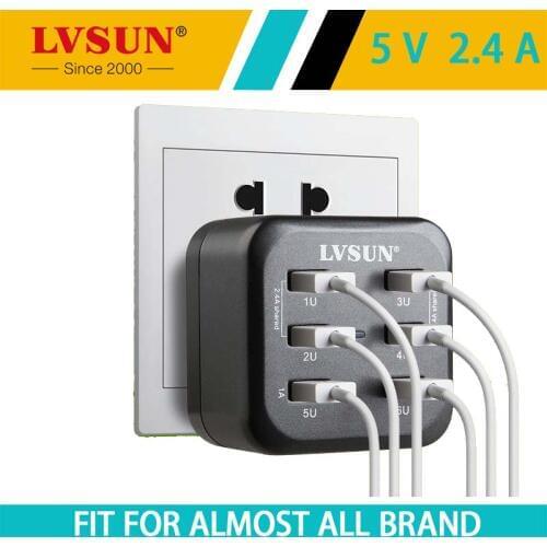 LVSUN 34W 5V 2.4A 6 Ports Adapter Phone Wall Charger Travel USB Charger for iphone 7 6s 6 Samsung Smartphone iPad Tablet EU US
