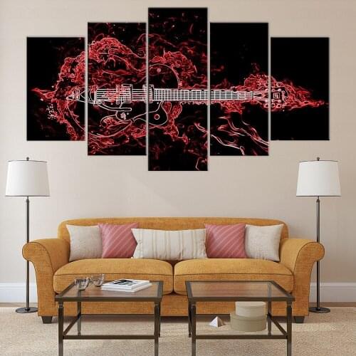 Modern HD Printed Wall Art framed Canvas Pictures 5 Pieces Musical Instrument Abstract Red Guitar Painting Poster Home Decor