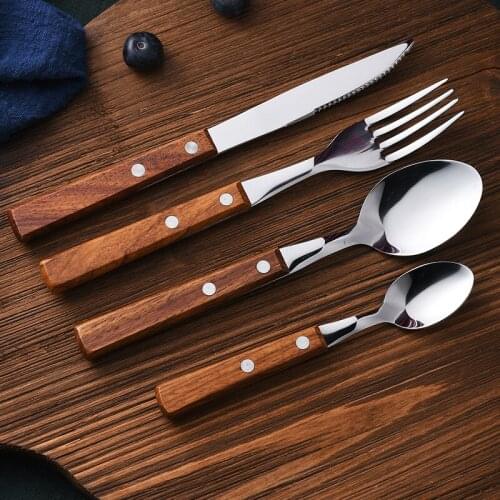 Wooden Handle Cutlery Tableware Stainless Steel Dinner Set Knife Fork Spoon Set Dinnerware Flatware Set Kitchen Device Sets
