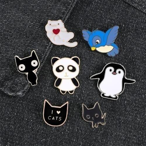 High Quality Cute Cat Collection Bird Panda Punguin I Love Cat Brooches For Ladies Women Men Jewelry Pin Metal Enamel Lapel Pins