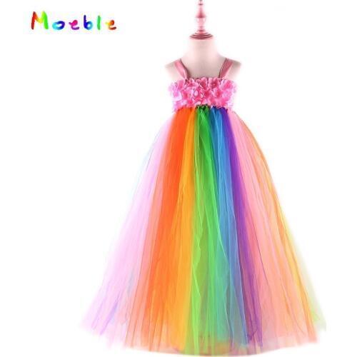 Candy Rainbow Girl Summer Dresses Ankle-Length Flower Girls Tulle Tutu Dress for Birthday Party Bridesmaid Wedding Dresses