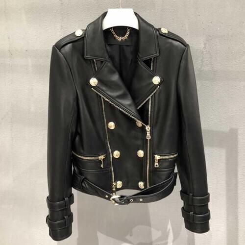 Zipper 2021 Motorcycle Autumn Sheepskin Jacket Women Double Breasted Belt Gold-Button Casual Biker-Coat Outwear Chic