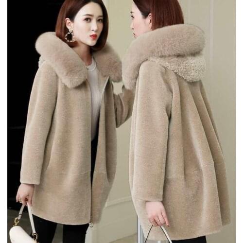 Sheep cut cashmere imitation fur coat female loose hood in long lamb fur coat one imitation fox fur fur jacket women