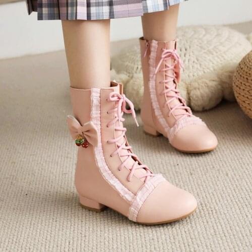Strawberry Pendant Bow-Knot Lolita Style Student Boots Cute Pink Lace Trim Winter Warm Women’S Mid-Calf Boots Side Zipper