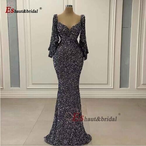 Middle East Sequins Evening Dress for Women 2021 Mermaid V Neck African Flared Sleeves Prom Party Gowns