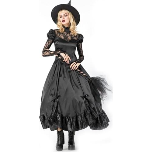 Lady women black sexy Halloween witch long sorceress queen costume lace long sleeve with hat long dresses
