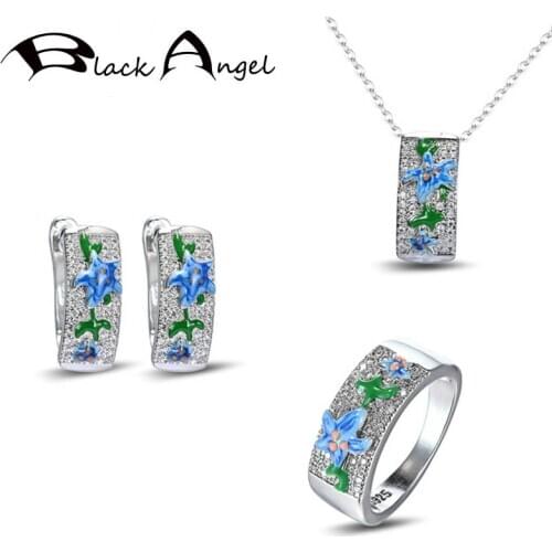 BLACK ANGEL New Handmade Blue Enamel Seastar Flowers Necklace Ring Long Clip Earring For Women Fashion 925 Silver Jewelry Set