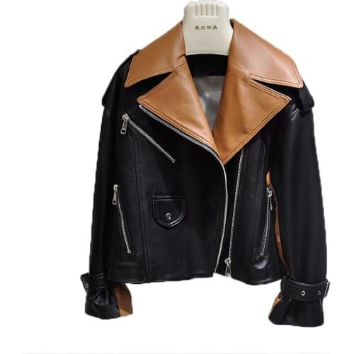 New Women Fashion Short Coat Spring Camel And Black Genuine Leather Jacket Turn-Down Collar Overcoat Original Design