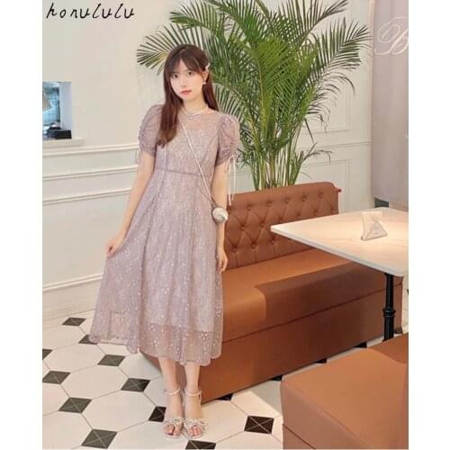 2021 Amoi Japanese Sweet Lace Hook Flower Hollow Drawstring Puff Sleeve Halter Dress women