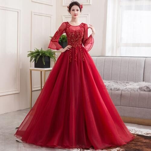 Robe De Bal 2020 Party Prom Quinceanera Dresses Wine Red Long Sleeve Tulle Ball Gown Lace Embroidery Beaded Quinceanera Dress
