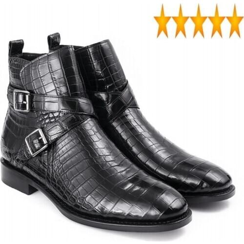 100% Business Men Real Luxury Crocodile Leather Buckle Design Formal Genuine Alligator Work Safety Shoes Dress Ankle Boots