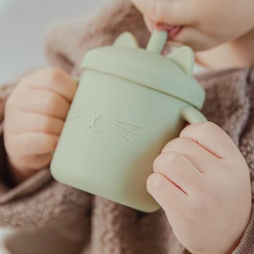 2PCS Baby Feeding Cups Silicone Drinkware Cute Cartoon Cat Sippy Cup For Toddlers Kids Sippy Cup Lids Solid With Handle Drinker