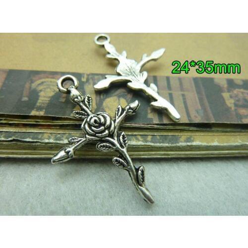 Free Shipping -40 pcs/lot Antique Silver Rose Flower Cross Charms Pendant 24*35mm Jewelry Making Metal Alloy Supplies