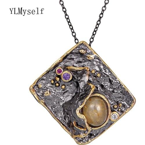 Big Rectangle pendant Necklace with Brown Water melon stone Vintage Jewelry Womens Jewelry Large Long chain Pendants