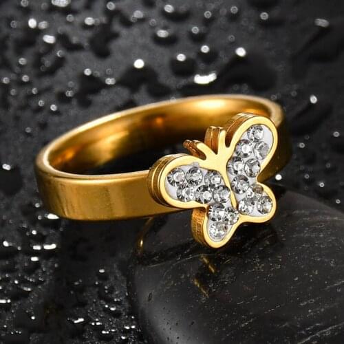Gold Elegant Crystal Butterfly Rings Female Korean Simple Rhinestone Casual Ring Index Finger Ring for Women Accessories