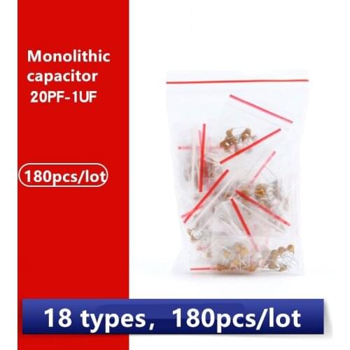 180pcs/lot Monolithic capacitor 22PF 30PF 100PF 470PF 1NF 20PF-105 (1UF) 50V， 18 types / 10pcs of each type / 180pcs in total