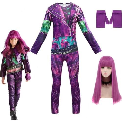 Halloween Costumes for Kids Descendants 3 Mal Audrey Cosplay Bodysuit Girls Zentai Jumpsuits Carnival Party Clothes with Wig