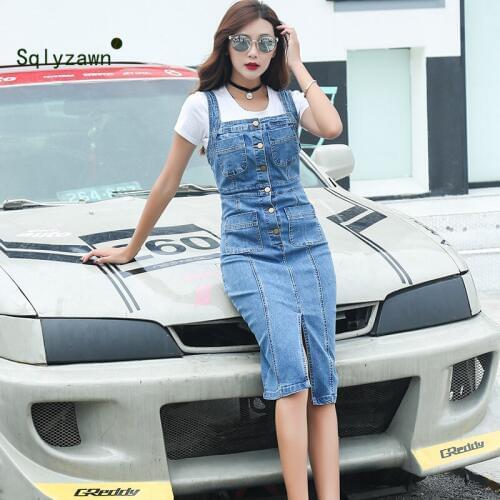 Summer Fashion Split Denim Pencil Slim Dress Package Hip Strap Sleeveless Single-breasted Women Slim Square Collar Jeans Dress