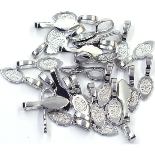 200Pcs Silver Tone Leaf Metal Glue on Bail Tags Pendants Base Jewelry DIY Findings 26x8mm