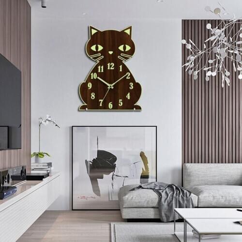 Cute Cat Luminous Wall Clock Digital Wall Clock Silent Non-ticking Indoor Clock Home Decorative Wooden Bedroom Wall Clock
