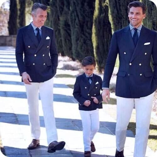 Fashionable Double Breasted Slim Fit Mens Tuxedos Lapel Shawl Blue Jacket and White Pants Wedding Suits Sets (One Piece Suit)