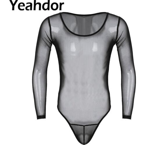 Mens Sexy See Through Bodysuit 2021 Mesh Long Sleeve Scoop Neck High Cut Stretchy Jumpsuit Lingerie Nightwear for Lingerie Night