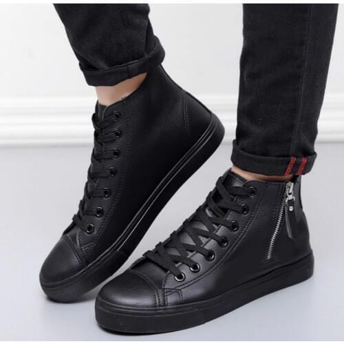 Spring Autumn Fashion new high-top mens shoes Side zipper waterproof neakers Lace-up High Style Solid Colors Black Shoes D9-17
