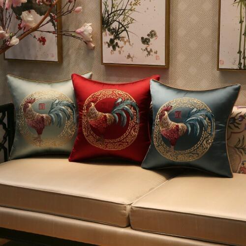 Cock Embroidered Sofa Cushion Cover Classical Chinese Style Light Blue Luxury Waist Pillowcases Home Living Room Decoration